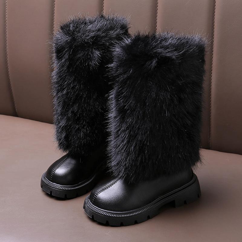 Warme lange Plüsch-Stiefel mit Reißverschluss hinten für Mädchen 2025 Winter Komfort Dicke Sohle Rutschfeste Stiefeletten Modische Unifarbene Kunstpelzstiefel Kind