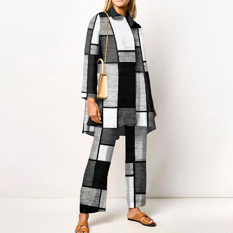 Grünes geometrisches Print Damenhemd und Wide Leg Hosen Kombinationsset