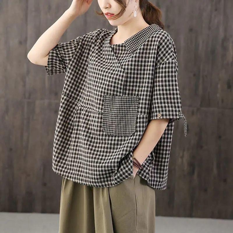 Women's Summer Literary V-neck Cotton Linen Short-sleeved Top Design Loose Plaid T-shirt
