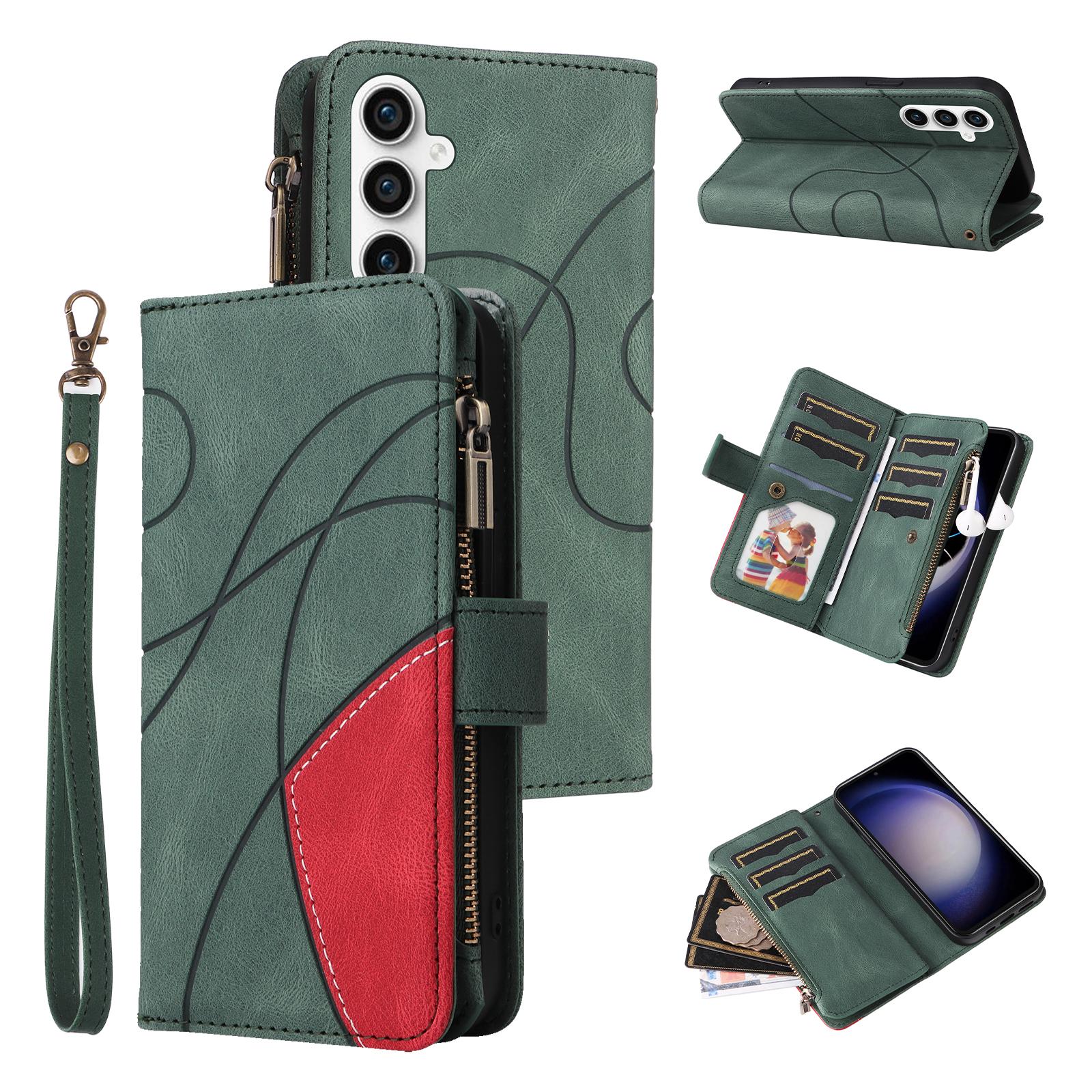 

For Samsung Galaxy S23 FE Leather Case with Strap Zipper 9 Card Slot Phone Cover Stand Green
