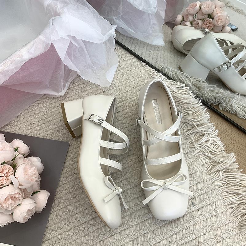 Fashion Female Sandal Retro Woman Shoes Block Heels Mary Jane Shallow Mouth 2024 Summer Girls Original Chunky Bow New Butterfly-knot