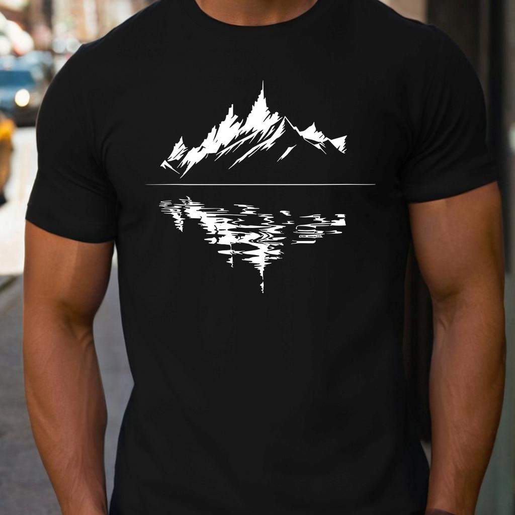 Men's summer 100 pure cotton fashionable casual loose fit plus mountain reflection printed round neck short sleeved T-shirt top