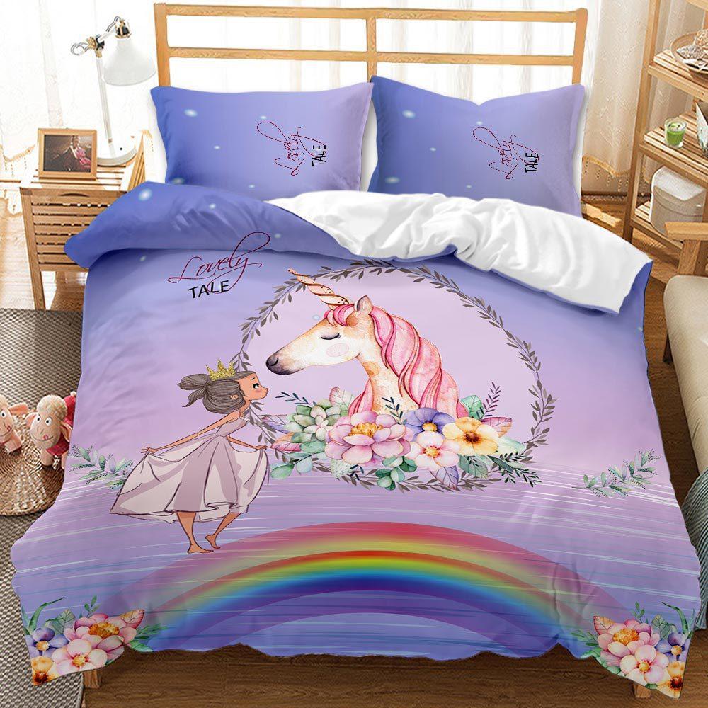 Unicorn Kit 3D Digital Printing Quilt Cover Princess Bedding Girl Three-Piece Set