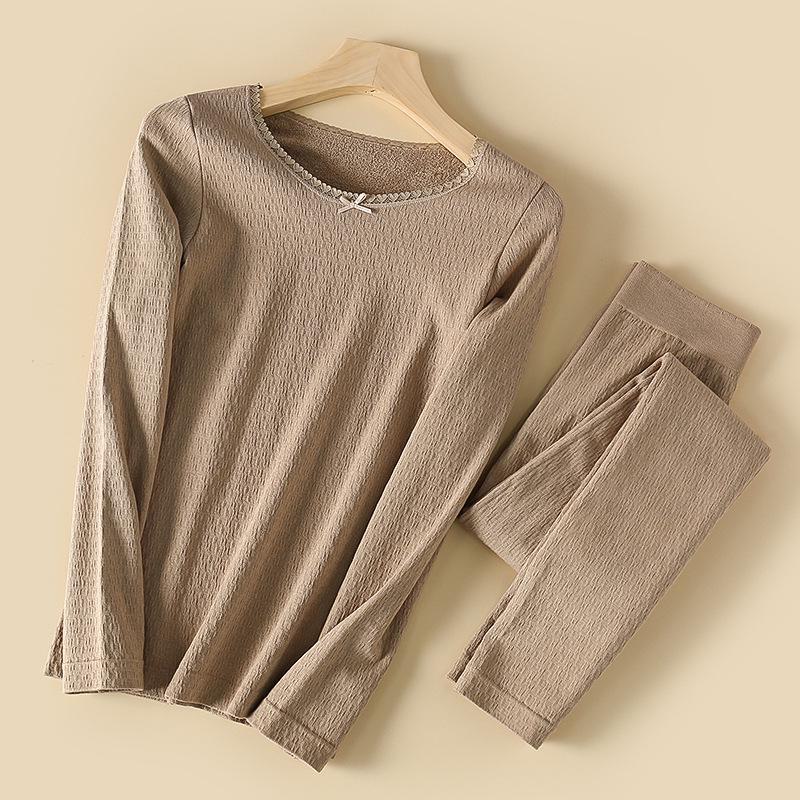

Women s Thermal Underwear Set - Velvet Lined, Cotton Terry, Round Neck, Bow Accent, Autumn/Winter. One Size