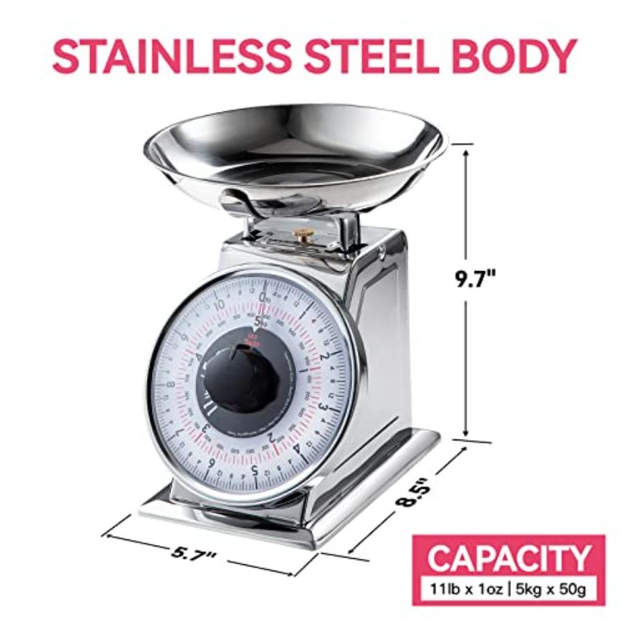 11lb Analog Mechanical Kitchen Weighing Food Scale with Bowl Tare Function Retro Style Stainless Steel