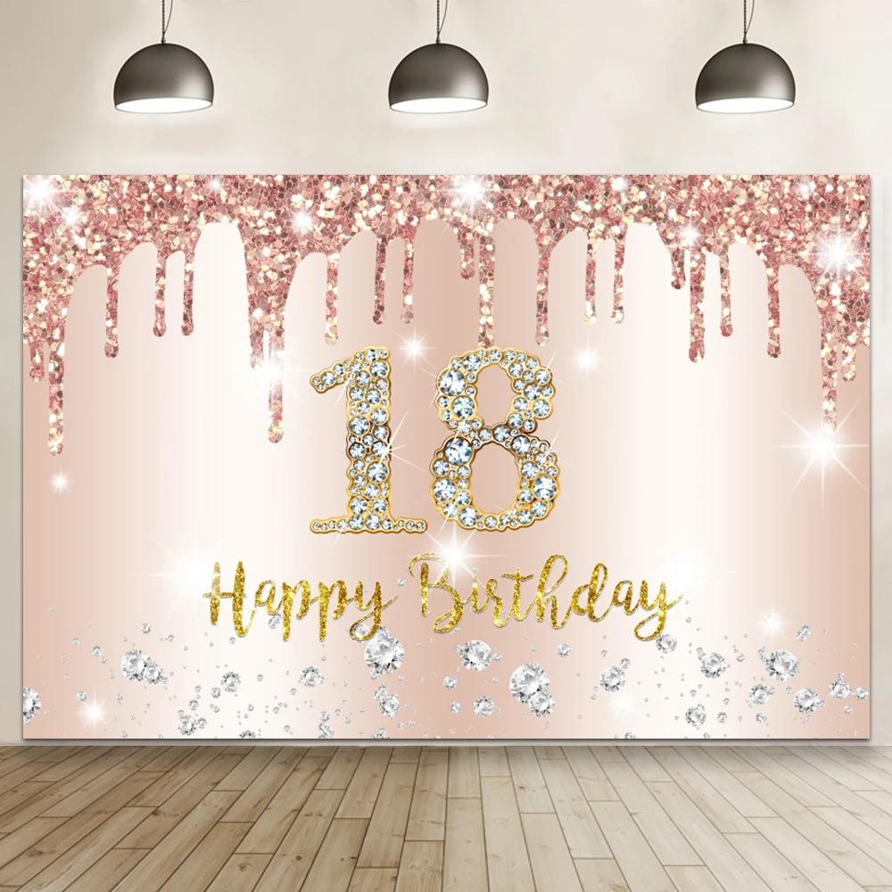Happy Birthday Banner Backdrop Shiny Diamonds 18th Birthday Decoration Canvas 30th Party Photography Background