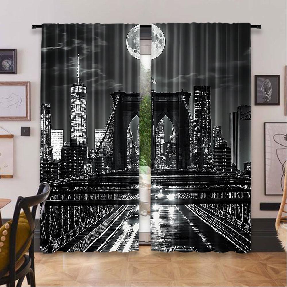2 stk Svart og Hvit Gardin New York City Nattscene Byliv Brooklyn Manhattan Passer Til Soverom Stue Spisestue