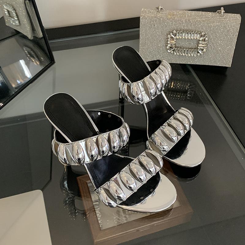 Fashion European American New Sexy Open Toe Metal Decorated Outdoor Slippers Black Silver Summer Slim Heel Fashionable Women's Sandals