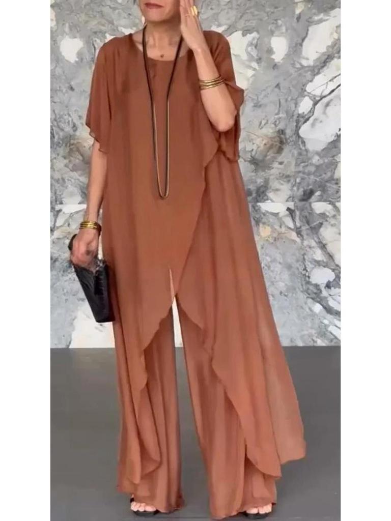 Damen 2025 Europäischer & Amerikanischer Chiffon Locker Unregelmäßig Langes Oberteil & Hosenanzug