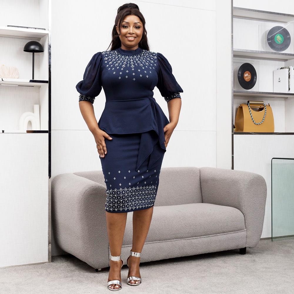 African Women's High-End Beaded Lantern Sleeve Dress