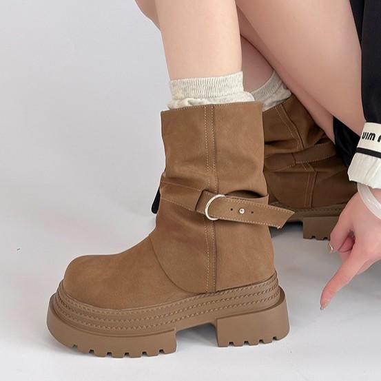 Round head thick sole heightening short boots women's fashion versatile belt buckle new fashion versatile thick sole boots