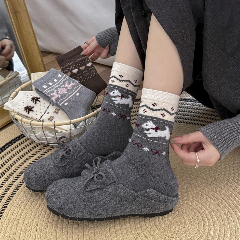 Female Autumn and Winter Warm Thick Bow Cute Puppy Wool Drum Pile Socks