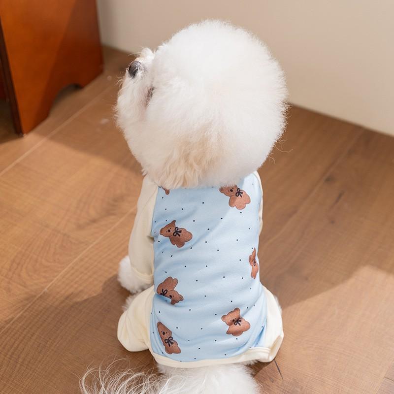 Pet Dog Four-Legged Pajama With Polka Dot Bear Print Warm Soft Fleece Belly Cover Air Conditioner Outfit