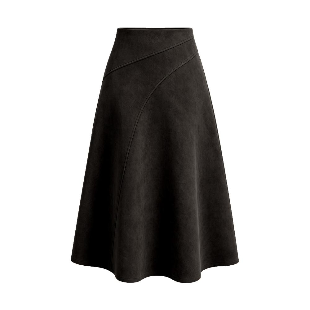 Damen Unifarbener Patchwork Wildleder Reißverschluss Rock Hohe Taille Schnalle Umwickelte Hüfte Kurzer Rock Mittellanger Rock
