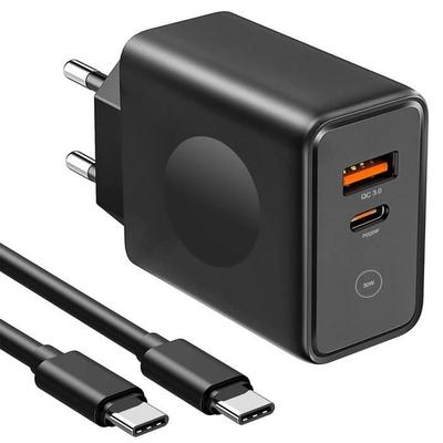 30W 2-Port Wall Charger - E.F.CONNECTION - PD 20W + QC 3.0 - Black - USB-C Cable Included