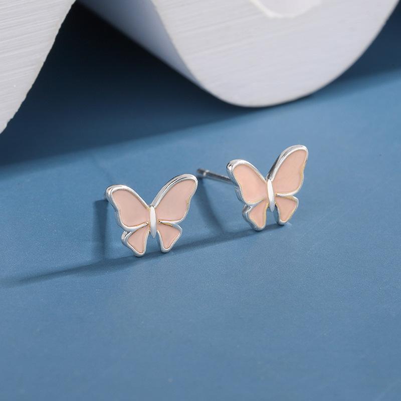 New Fashionable Simple Cute Pink Butterfly 925 Sterling Silver Personality Compact Earrings  E111