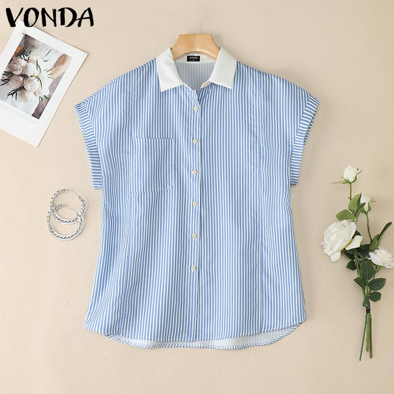 VONDA Women Stitching Lapel Short Sleeve Striped Buttons Up Casual Blouse