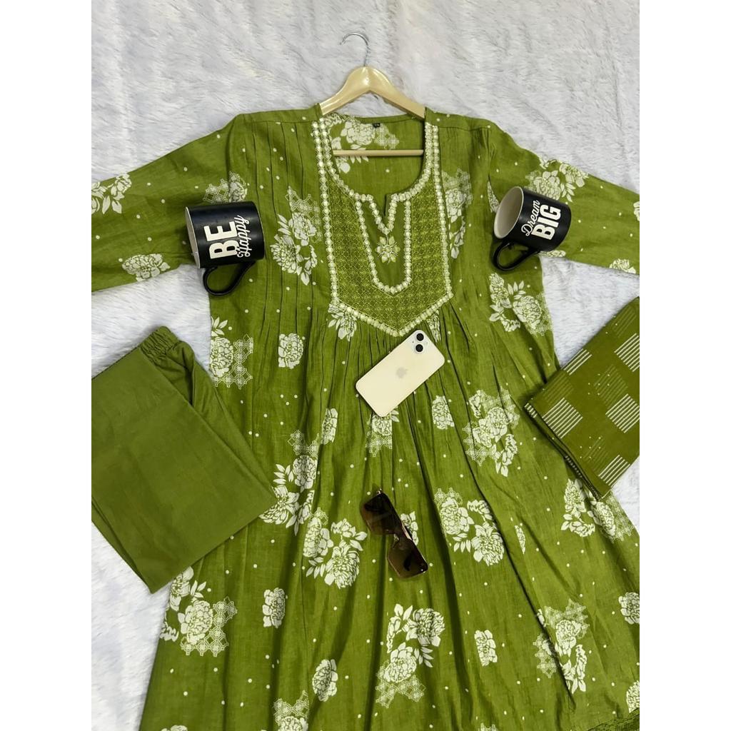 Beautiful Pakistani Cotton Kurti Pant Dupatta Set Indian Bollywood Ethnic Kurta