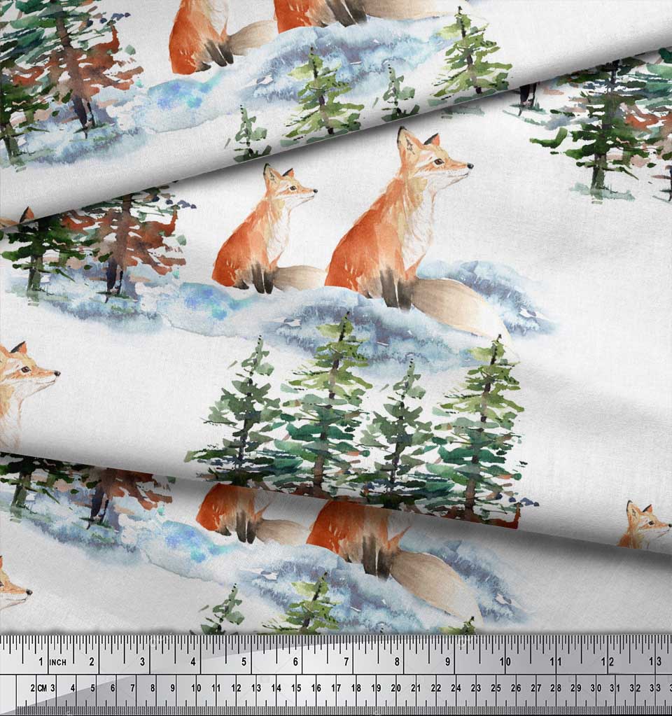 

Тканина для рукоділля Soimoi Yellow Japan Crepe Satin Fox & Pine Tree Printed Tree на метри 42 дюйми 42 Inch Wide - Poly Crepe білий