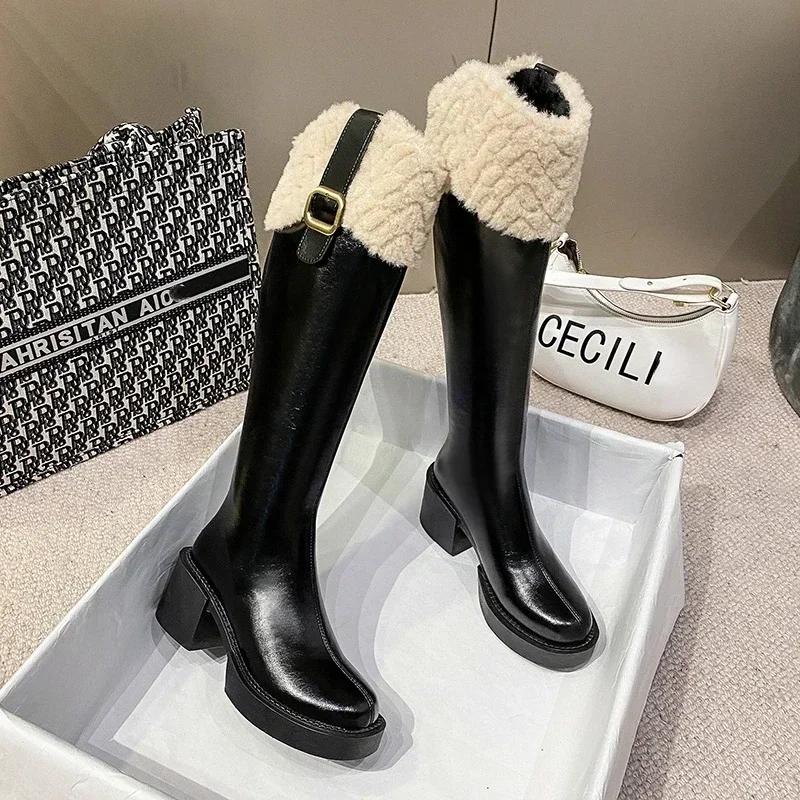 Fashion Winter Knee High Brown Long Boots Comfort Square Heel Zip Belt Buckle Platform Boots for Women Plush Edge Warm Gothic Shoes
