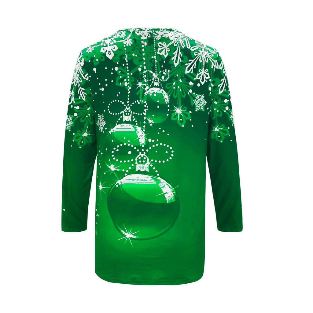 Women's Fashion Casual Snowflake Print Long Sleeve V-neck Zip T-Shirt Top