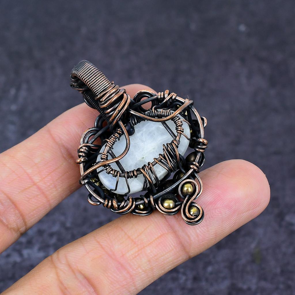 Natural Moonstone Gemstone Handmade Copper Wire Wrap Jewelry Pendant 2.05" A1a13