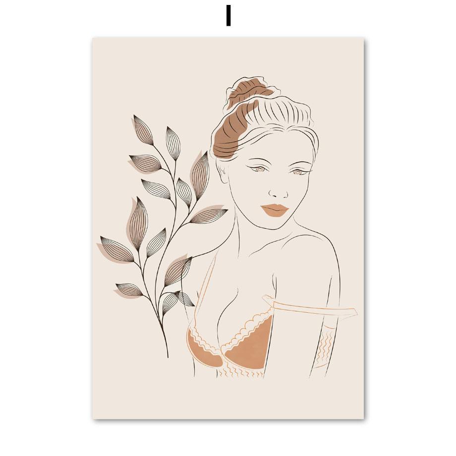 Boho Abstract Lines Girl Leaf Geometry Wall Art Canvas Painting Nordic Minimalist Posters Prints Pictures For Living Room Decor