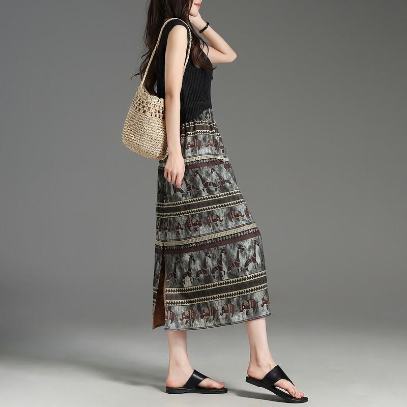 Ethnic Print Elastic Waist Midi Skirt