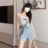 Women's High Waist Ripped Denim Overall Shorts - Retro Wide-Leg, Raw Hem, Age-Reducing Hong Kong Style