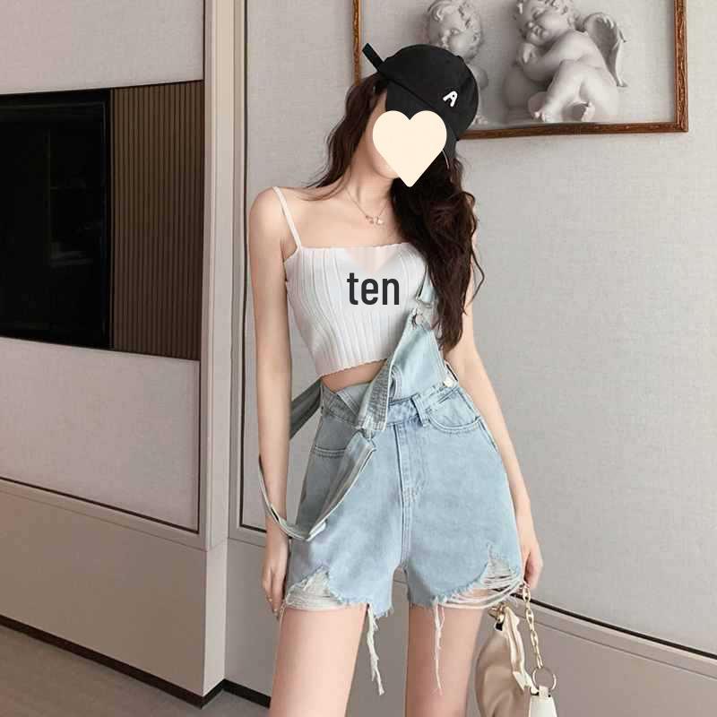 Women's High Waist Ripped Denim Overall Shorts - Retro Wide-Leg, Raw Hem, Age-Reducing Hong Kong Style