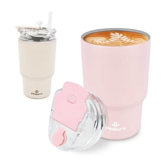 Philorn tumbler with lid, 400ml, one-touch opening/closing, straw included, vacuum insulated, cold/thermal, stainless steel, dishwasher safe,