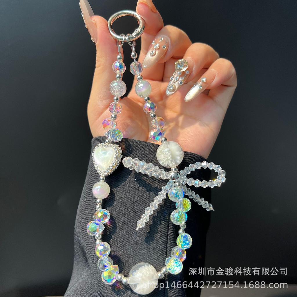 Ins Feng Shui Rhinestone Heart Phone Chain Crystal Bowknot Phone Chain Handmade Beaded Chain Rope New Anti-Lost Rope