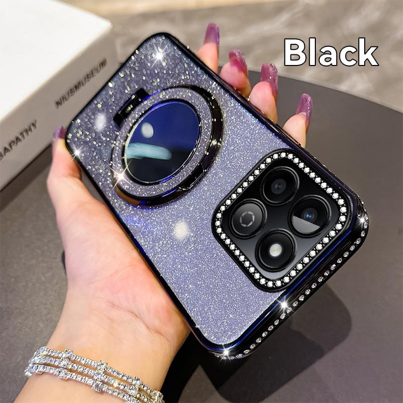 KEYSION Glitter Jewelled Magnetic Phone Case for HONOR X7c X8b X8A Makeup Mirror Stand Shockproof Cover for Honor 200 Smart 5G