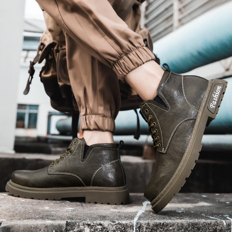 Men's Plus Size High-Top Chelsea Martin Boots - Lace-up Leather Work Boots for Outdoors and Casual Wear.
