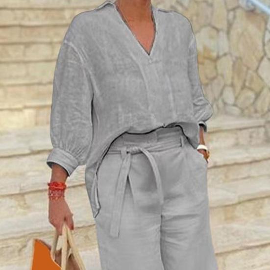 2 Pcs/Set Women Shirt Shorts Set Solid Color Three Quarter Sleeves V Neck Blouse High Waist Loose Knee Length Pants Set Casual Outfit