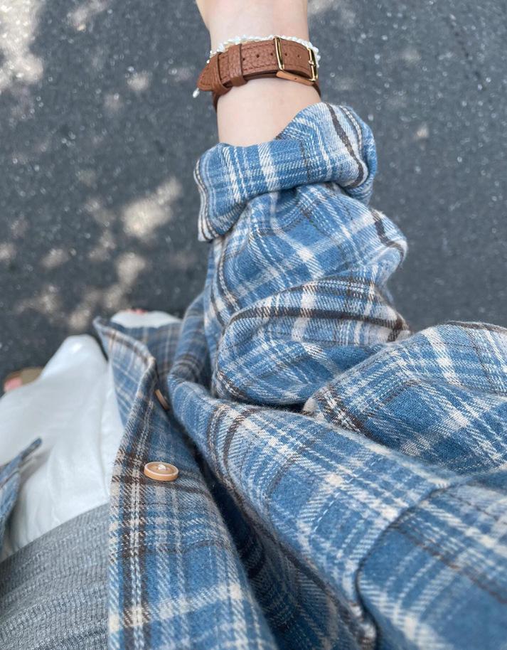Women's Harajuku Style Blue Plaid Oversized Long-Sleeve Shirt - Casual, Versatile for Spring & Autumn