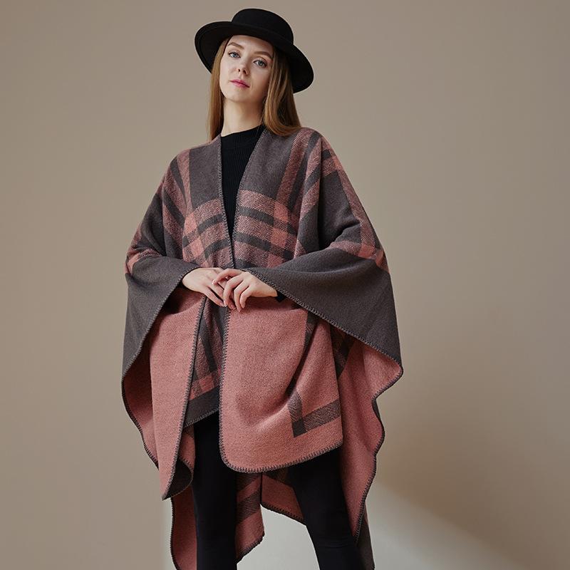 Knitted Wool Plaid Large Shawl With Summer Women'S Thermal Scarf Double-Sided Cape Fashion Cape Thickened