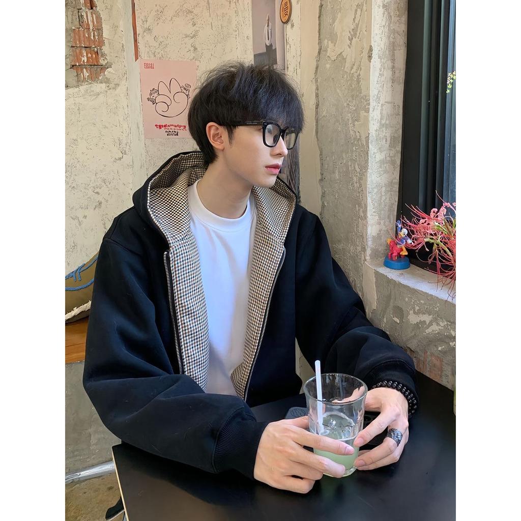Cleanfit Reversible Houndstooth Hooded Sweatshirt – Men's Autumn/Winter Heavy-weight Zip Cardigan Jacket