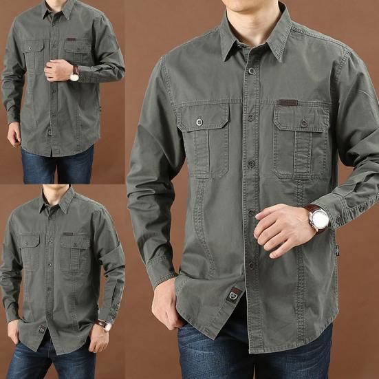 Men Shirt Solid Color Single-breasted Multi-pockets Wear-resistant Men Top for Daily Wear