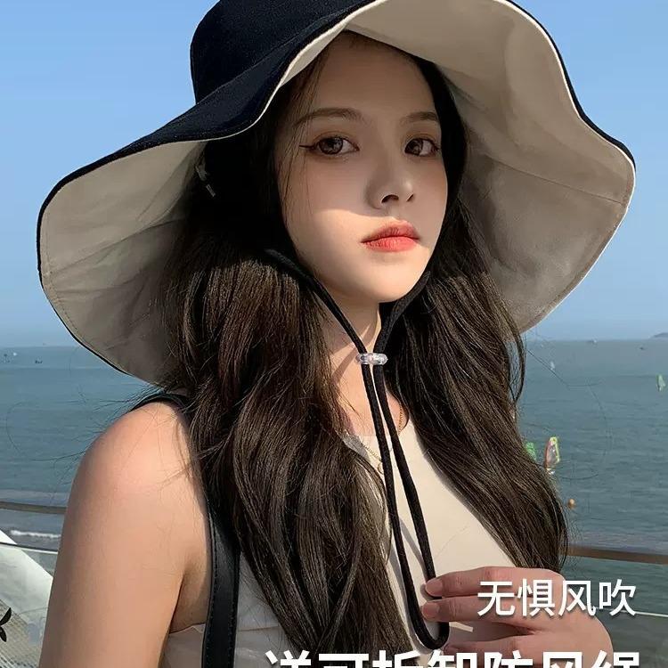 Summer New Women's Double-sided Bucket Hat Sunscreen Hat Enlarged Cm Sun Hat Lengthened Travel Brim