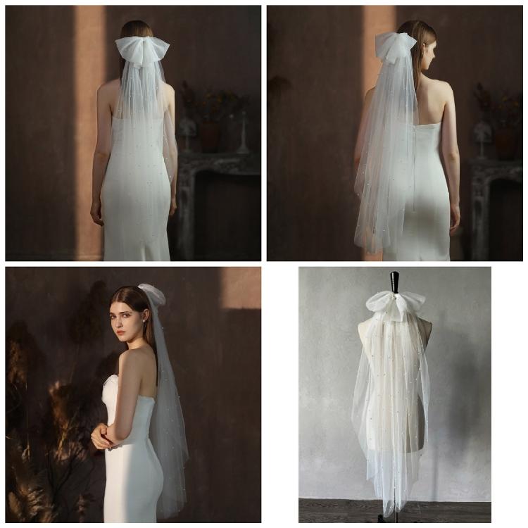 Flower Girl Veil Pearls Bow Hair Wedding Headpeice White Sheer Head Covering