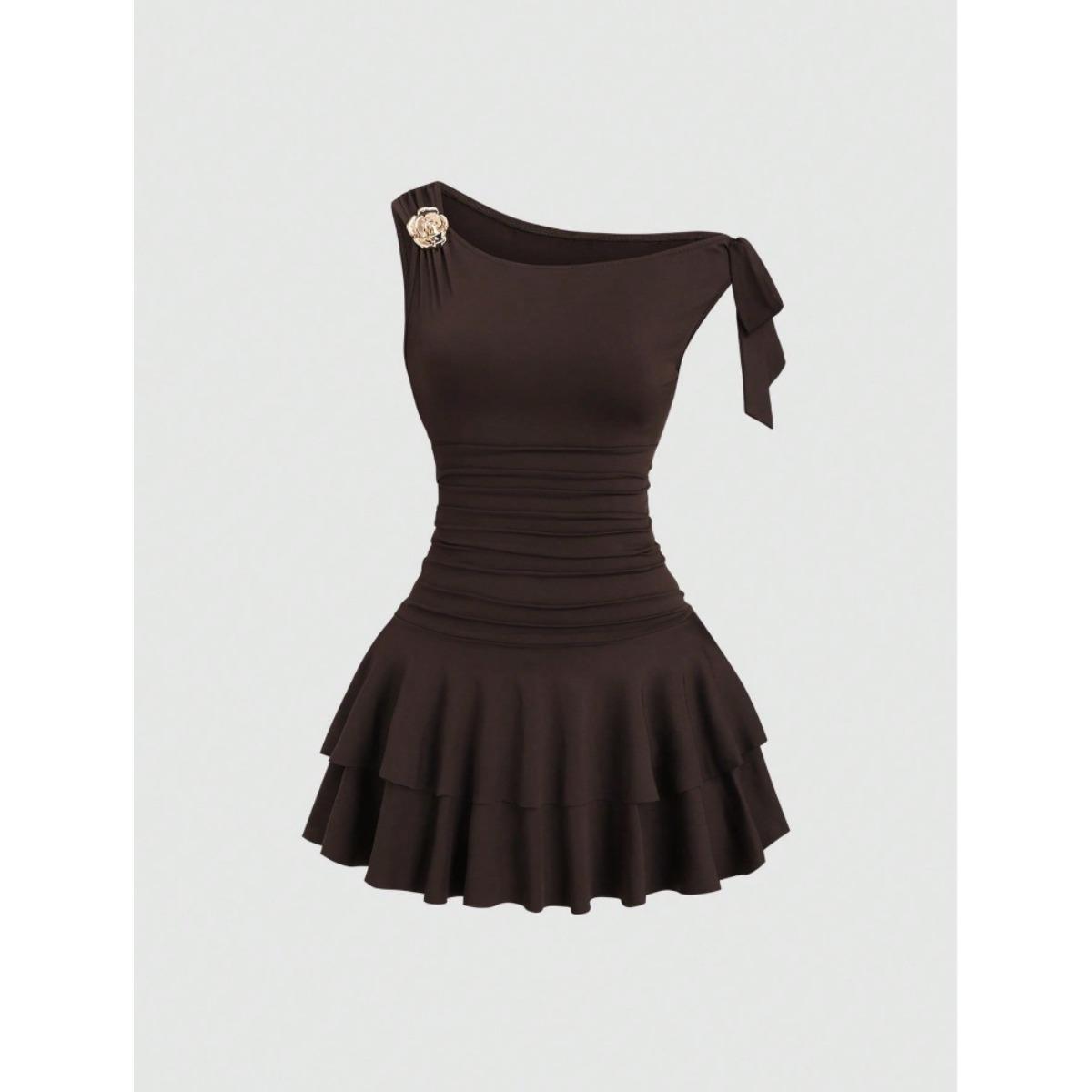Women s One Shoulder Sleeveless Mini Dress Slim Mid Waist Elegant Ruffle Knit Party Dress S чёрный