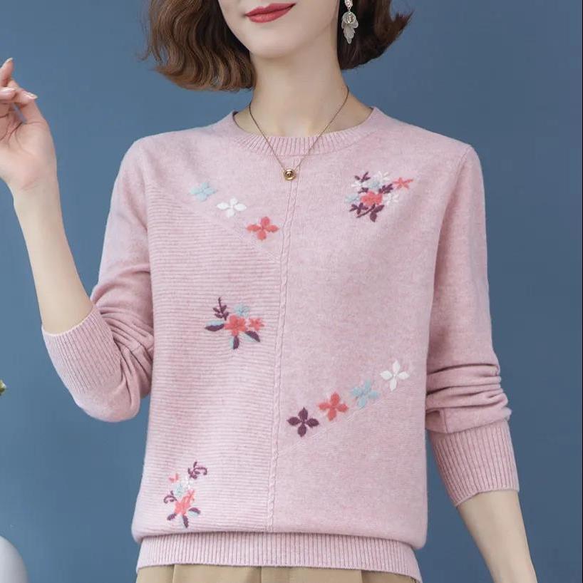 Women's Crew Neck Sweater Embroidered Loose Pullover Knitwear Soft Stretch Knit Top Spring Autumn