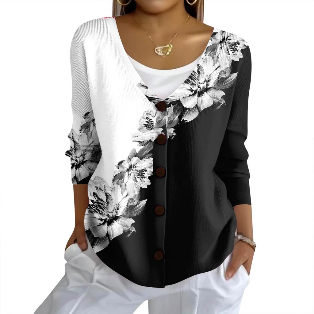 Women's Fashion Casual Knit Sweater Button-Up Floral Print Cardigan Jacket