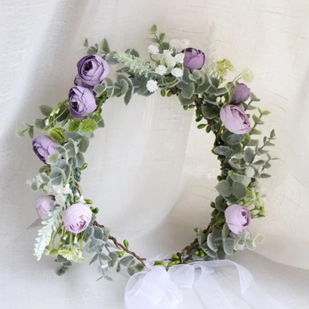 Bohemian Festival Wedding Flower Crown Photo Props Rose Green Leaf Floral Headpiece Hair Wreath Spring