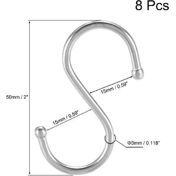 uxcell Stainless Steel S Hooks 2" S Shaped Hook Hangers for Kitchen Bathroom Bedroom Storage Room Office Outdoor Multiple Uses 8pcs