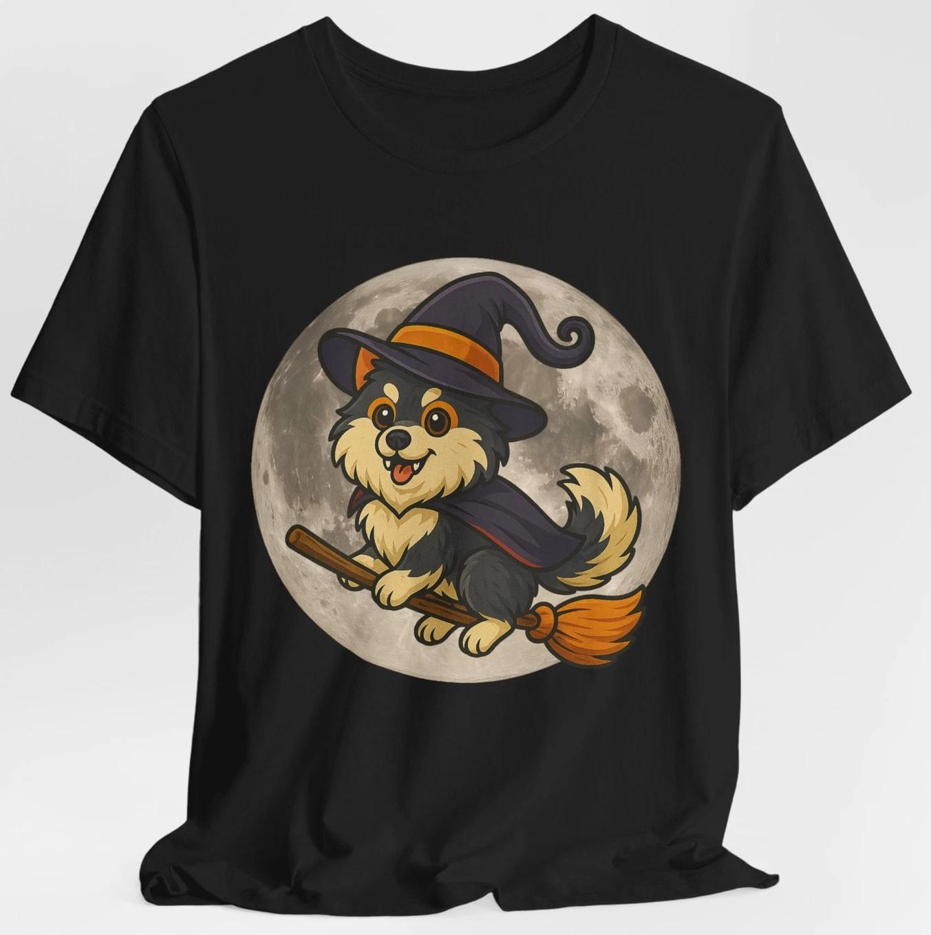 Pomsky Witch T Shirt, Cute Halloween Dog Design, Flying Witch Dog Graphic Tee M