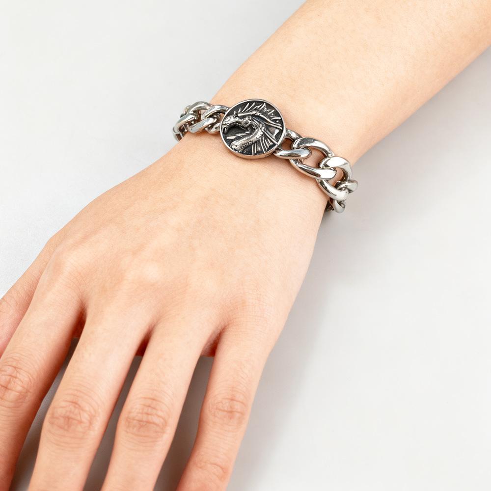 Hip Hop Stainless Steel Vintage Punk Skull Head Dragon Pattern Round Brand Sports Men's Bracelet Accessories