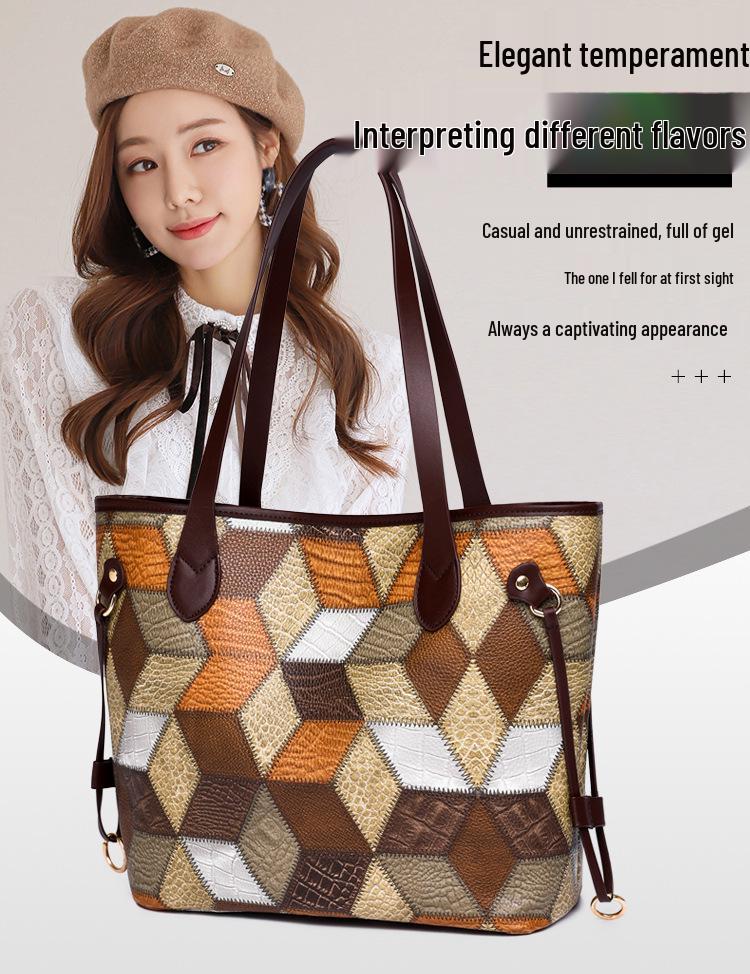 Cross-Border Patchwork Color-Block Tote: Large Capacity 3D Handbag for Moms