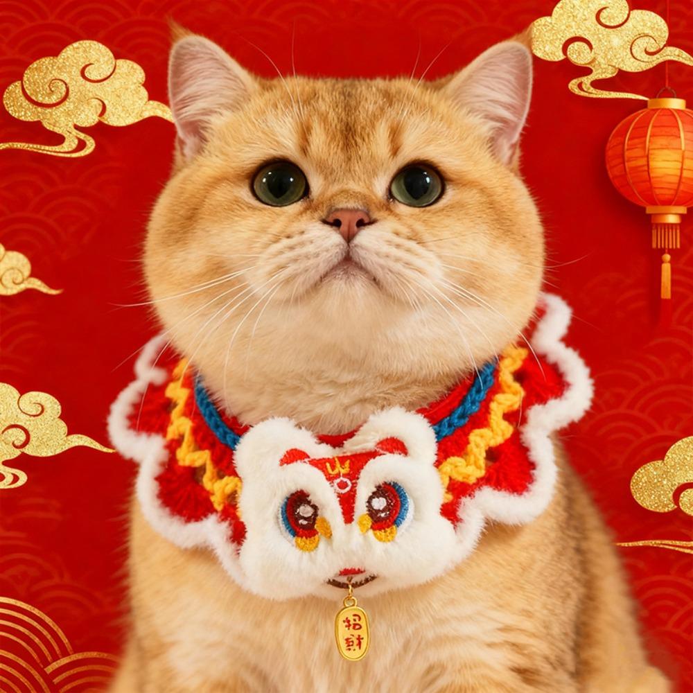 Chinese Style Spring Festival Lion Dance Cat Tie Adjustable Warm New Year Pet Collar Handmade Blessing Cat Knitting Scarf Puppy